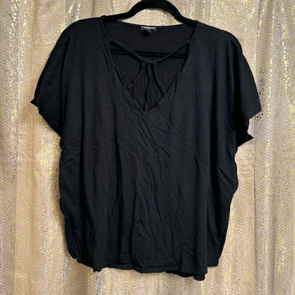 Express‎ Black Strappy V Neck Cotton Modal Relaxed T Shirt Large